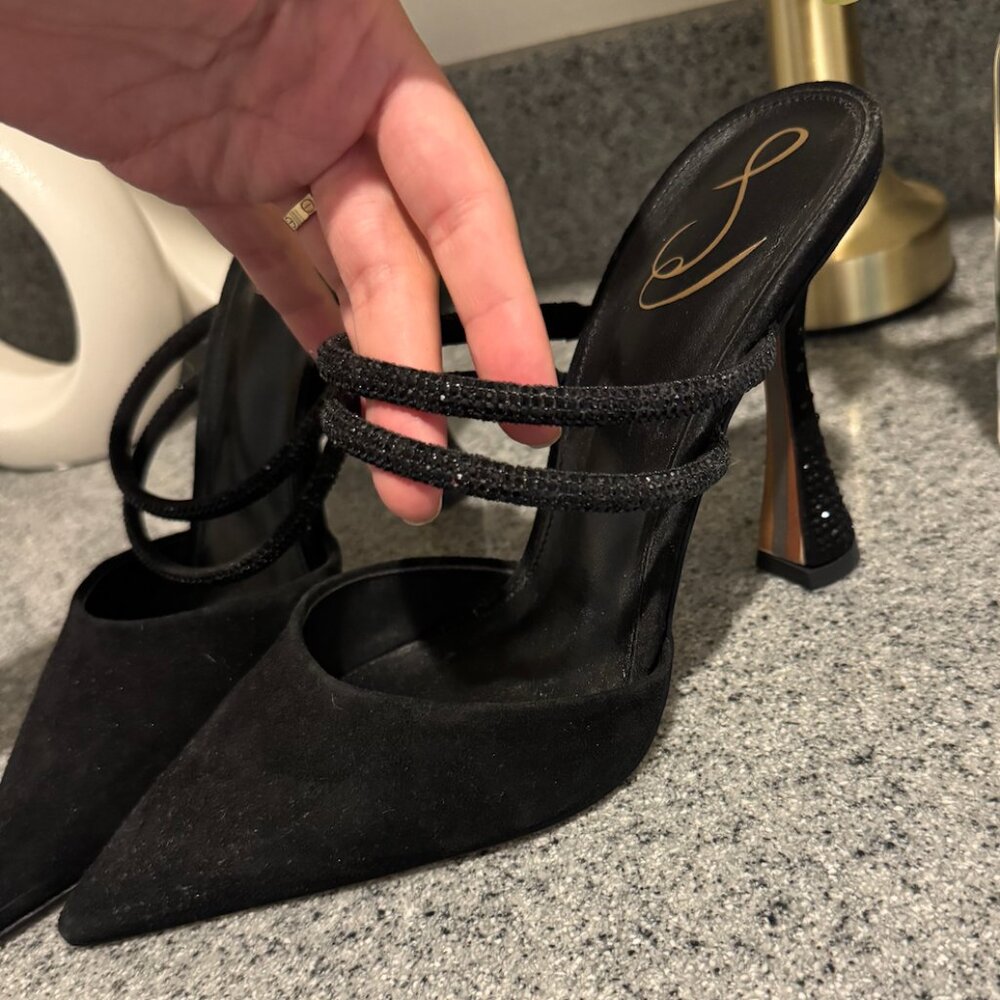 BRAND NEW SAM EDELMAN BLACK SUEDE HIGH HEEL MULE W/ embellished trim